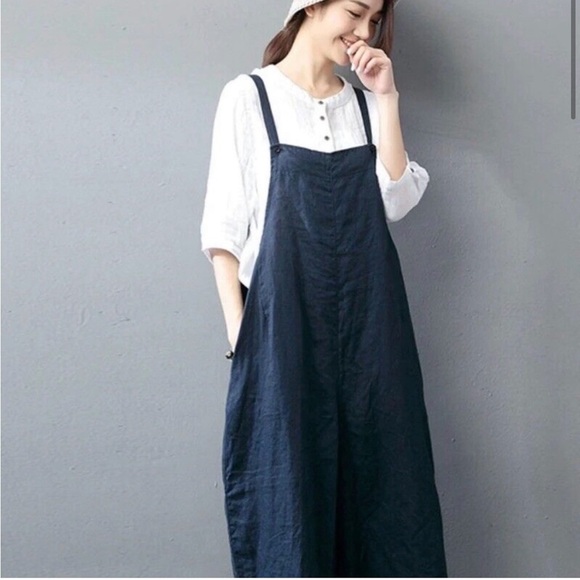 Fantasylinen Navy Linen Casual Loose Overalls Trousers Fashion Jumpsuit - Picture 5 of 5
